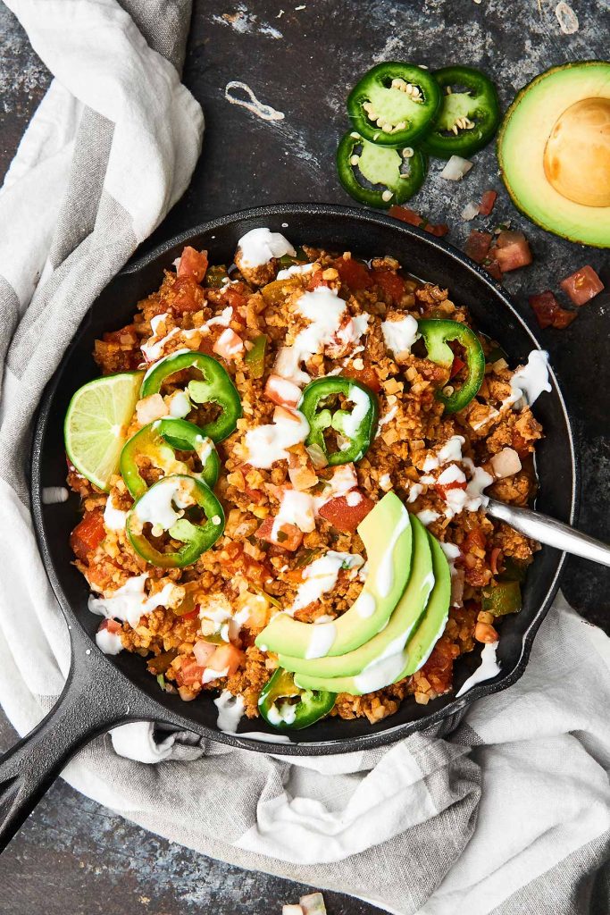 Back to School Healthy Lunches for Adults - Taco Cauliflower Rice-Skillet via Show Me the Yummy