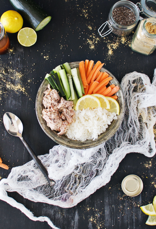 Back to School Healthy Lunches for Adults - Tuna Cucumber Rice Bowl with Coconut Lime Soy Sauce via The Butter Half | https://www.roseclearfield.com