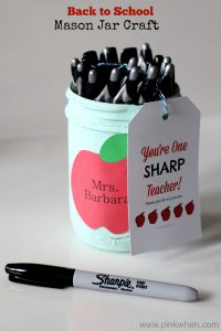 DIY Back to School Mason Jar Teacher Gifts - You're One Sharp Teacher Mason Jar Craft via Pink When | https://www.roseclearfield.com
