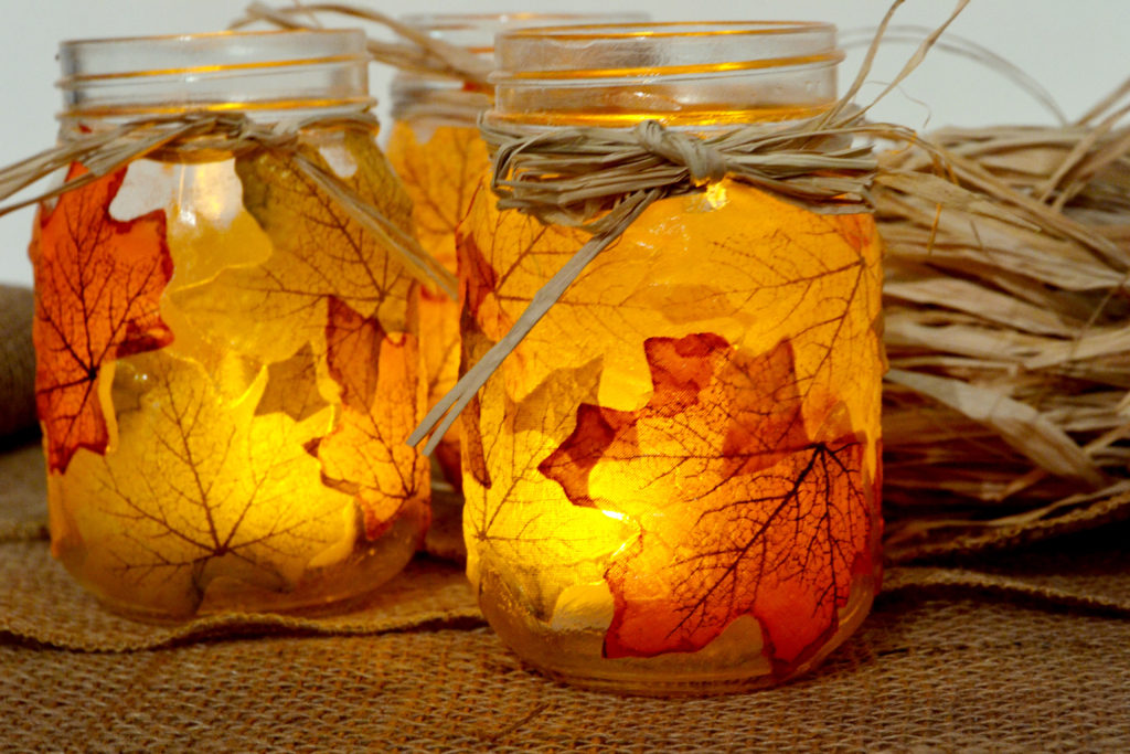 DIY Fall Mason Jar Decor - Autumn Leaf Mason Jar Candle Holder via Spark and Chemistry | https://www.roseclearfield.com