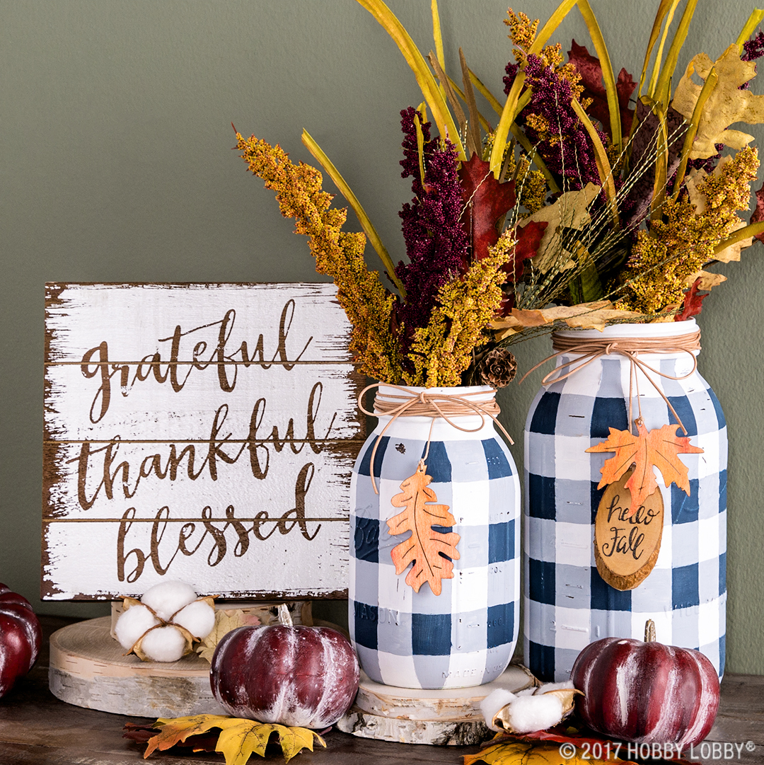 DIY Fall Mason Jar Decor - Buffalo Check Mason Jars with Fall Accents via Hobby Lobby | https://www.roseclearfield.com