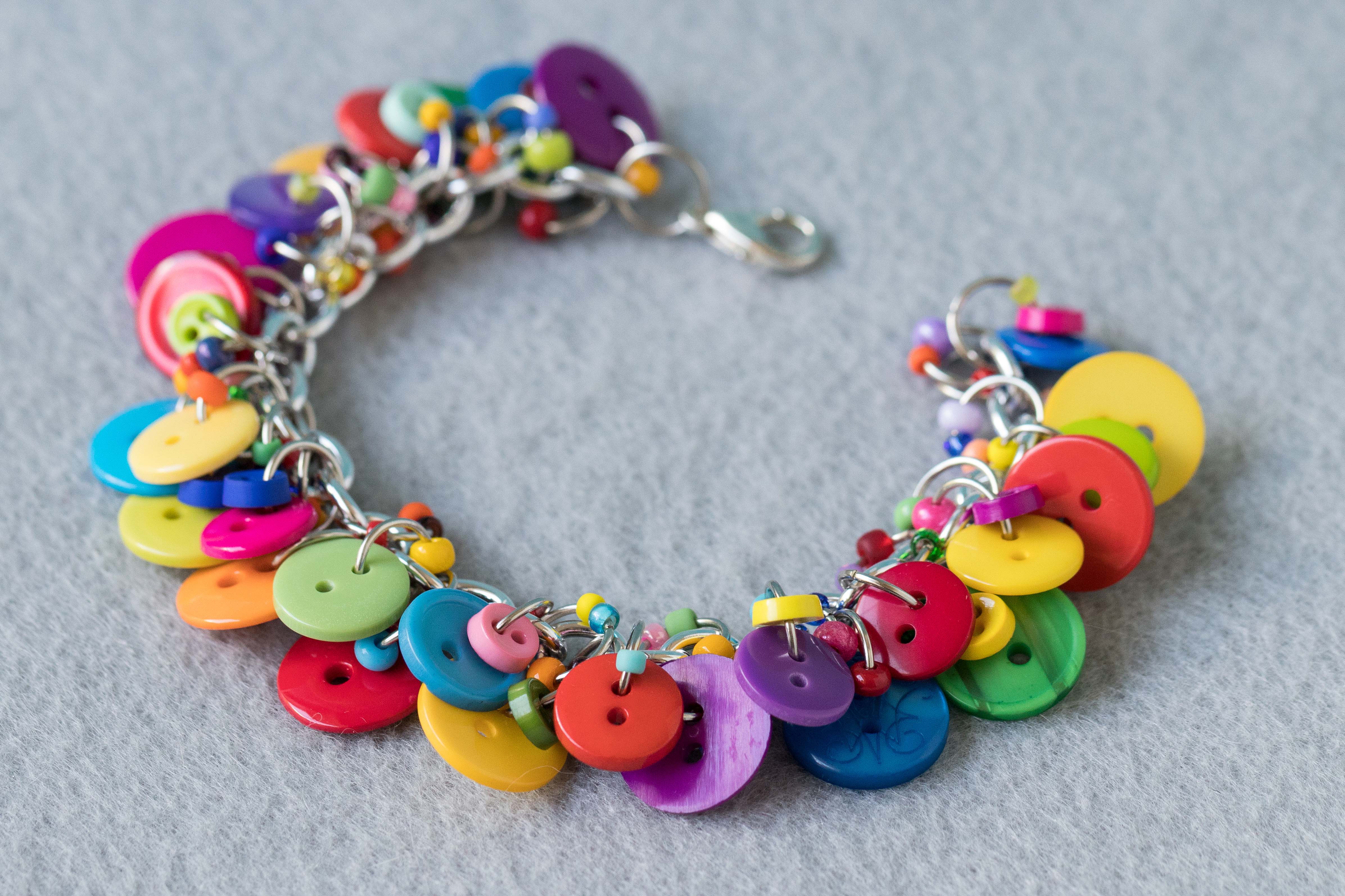 Button Charm Bracelet Bright Colorful Jewelry Fun Multicolored Rainbow Piece by randomcreative on Etsy | https://www.roseclearfield.com