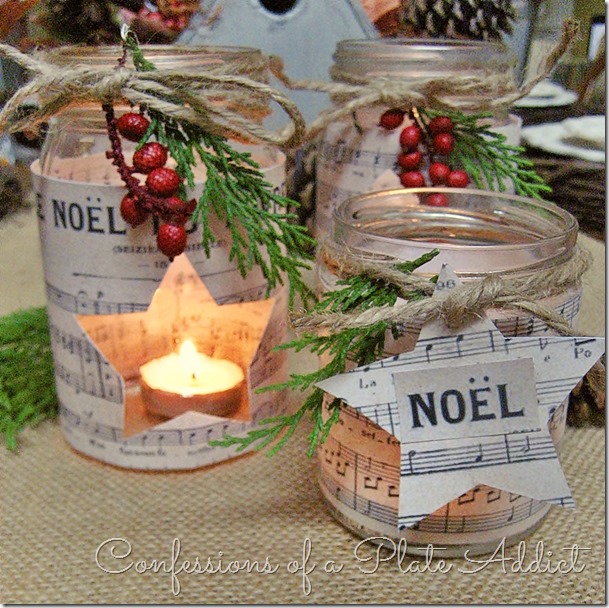 DIY Christmas Mason Jar Decor - French Sheet Music Christmas Candles via Confessions of a Plate Addict | https://www.roseclearfield.com