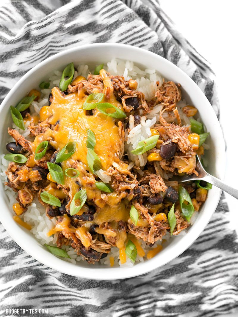 30 Days of Healthy Slow Cooker Dinner Recipes - Slow Cooker Taco Chicken Bowls via Budget Bytes | https://www.roseclearfield.com