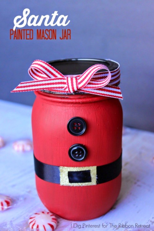 DIY Christmas Mason Jar Decor - Santa Painted Mason Jar via The Ribbon Retreat | https://www.roseclearfield.com