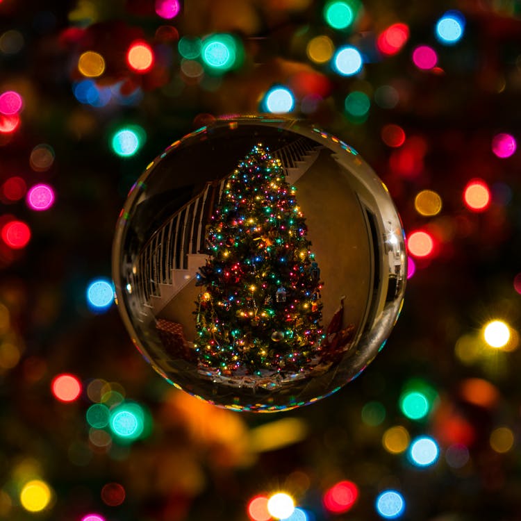 20 Creative Holiday Photo Ideas - Glass Bauble Reflecting Christmas Tree via Bob SpringBob54 on Pexels | https://www.roseclearfield.com