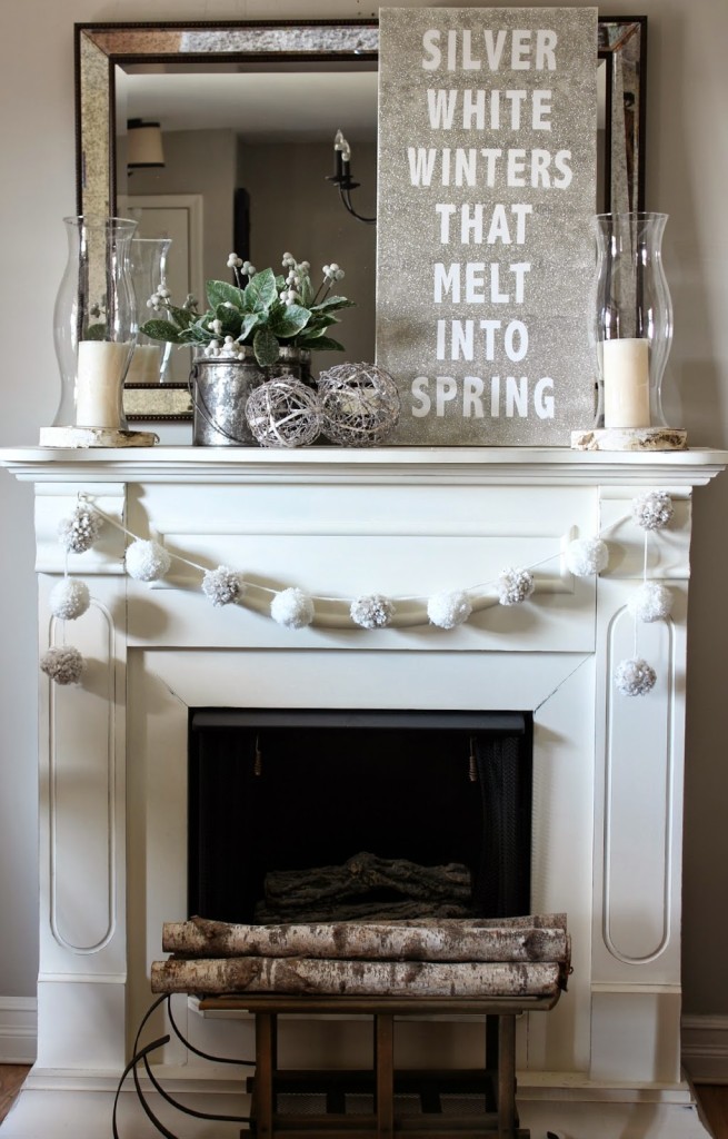 Post-Christmas Winter Mantel Inspiration - Silver White Winters Glitter Canvas via Hymns and Verses | https://www.roseclearfield.com