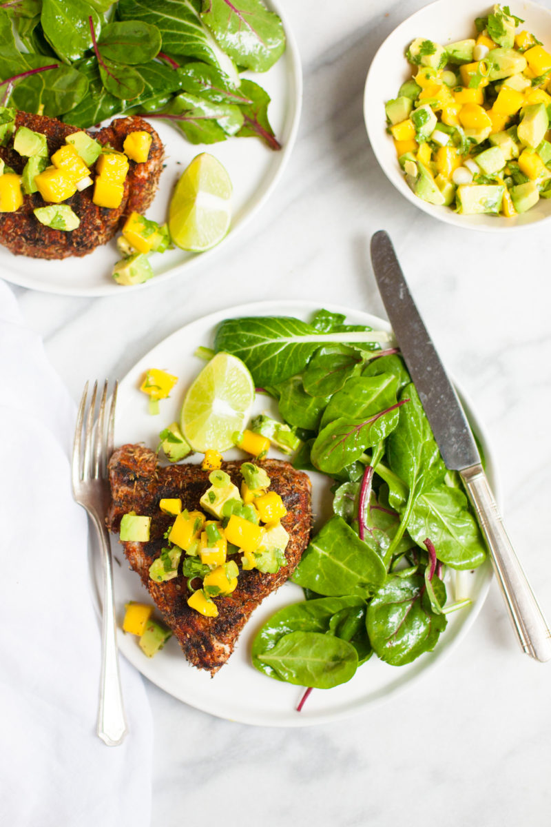 30 Healthy Dinner Recipes for Two - Grilled Blackened Tuna Steaks with Mango Avocado Salsa via Wholefully | https://www.roseclearfield.com