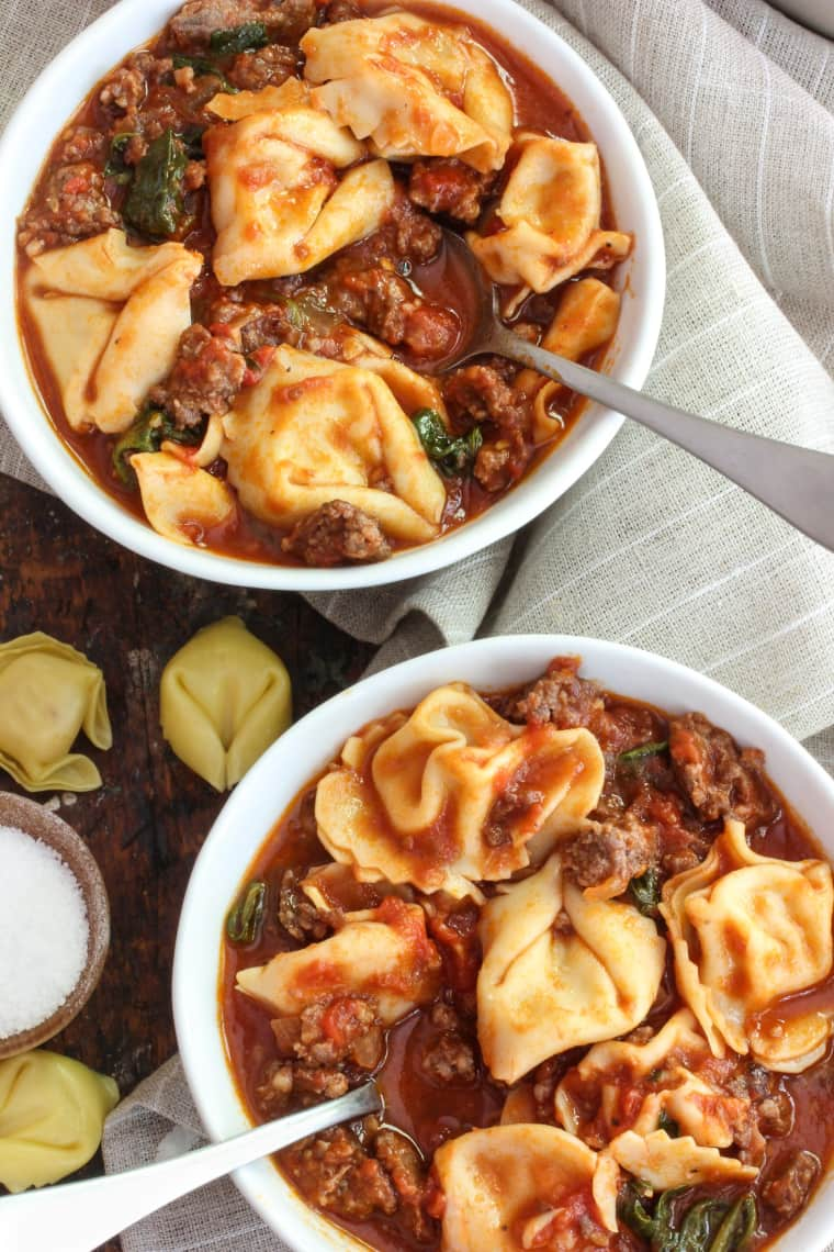 30 Healthy Dinner Recipes for Two - Italian Sausage and Tortellini Soup via The Kitchn | https://www.roseclearfield.com