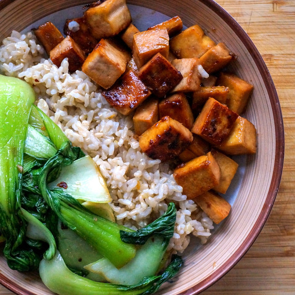 30 Healthy Dinner Recipes for Two - Maple Glazed Tofu with Garlic Sautéed Bok Choy & Basmati Rice via Mealime | https://www.roseclearfield.com