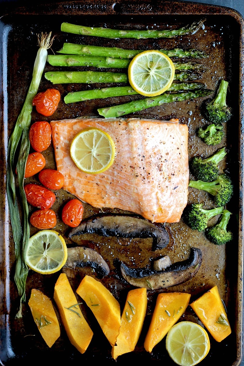 Healthy Dinner Recipes for Two - Sheet Pan Dinner for Two Salmon and Veggies via Garden in the Kitchen | https://www.roseclearfield.com