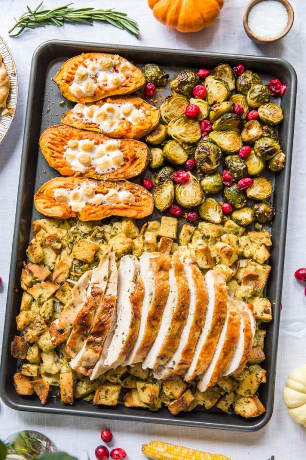 30 Healthy Dinner Recipes for Two - Sheet Pan Thanksgiving Dinner for Two via Food With Feeling | https://www.roseclearfield.com