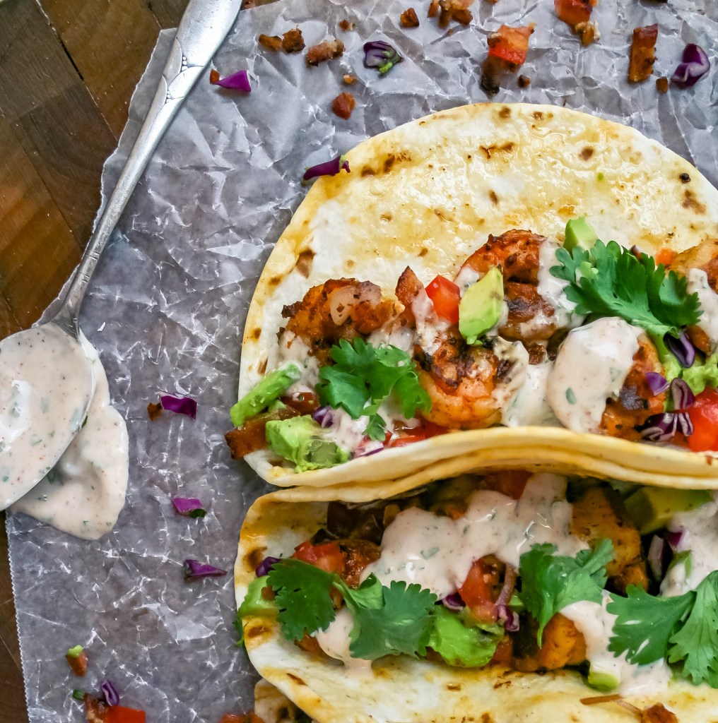 Healthy Dinner Recipes for Two - Spicy Shrimp Tacos with Sour Cream Cilantro Sauce via A Flavor Journal | https://www.roseclearfield.com