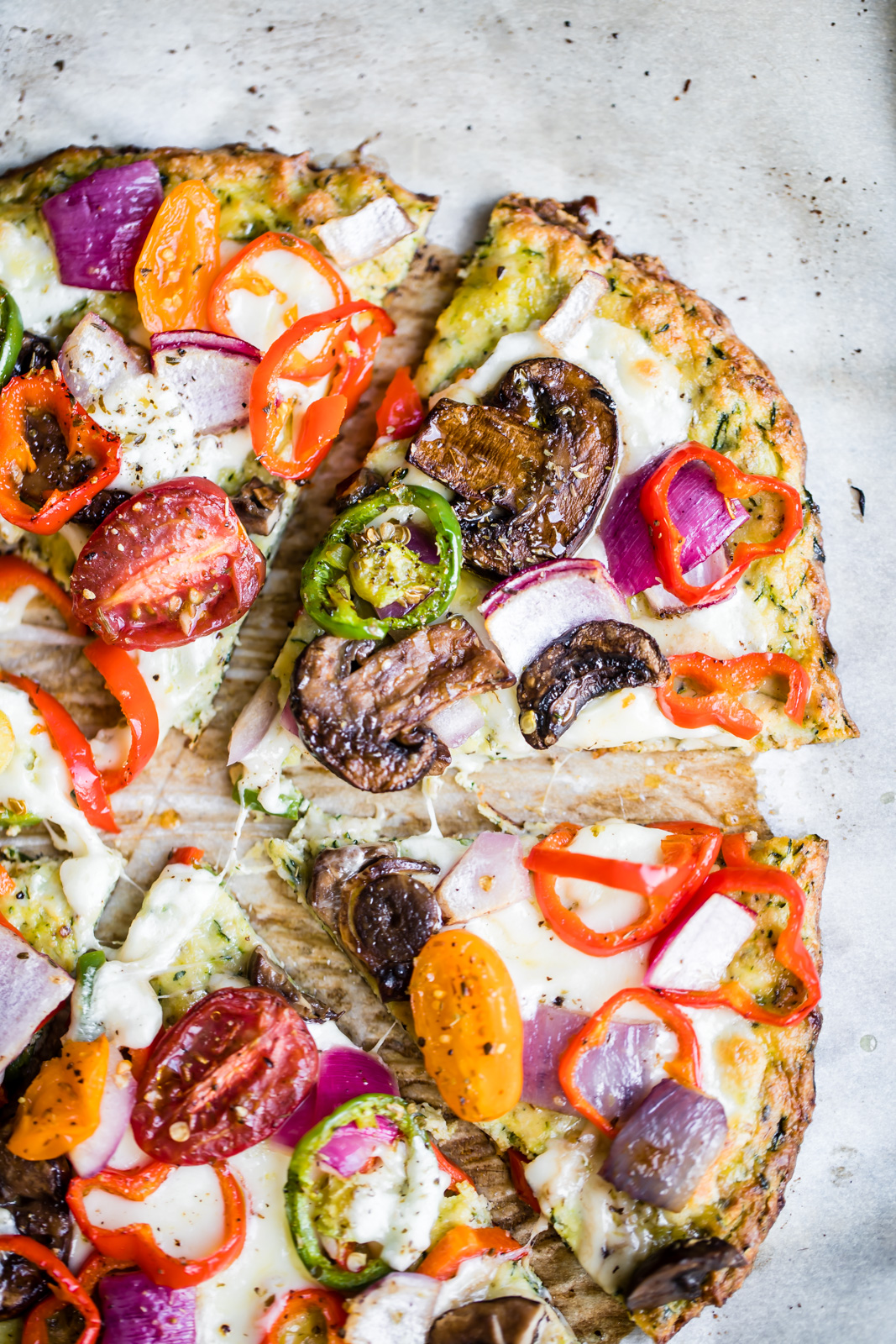 30 Healthy Dinner Recipes for Two - Zucchini Crust Veggie Pizza via Ambitious Kitchen | https://www.roseclearfield.com