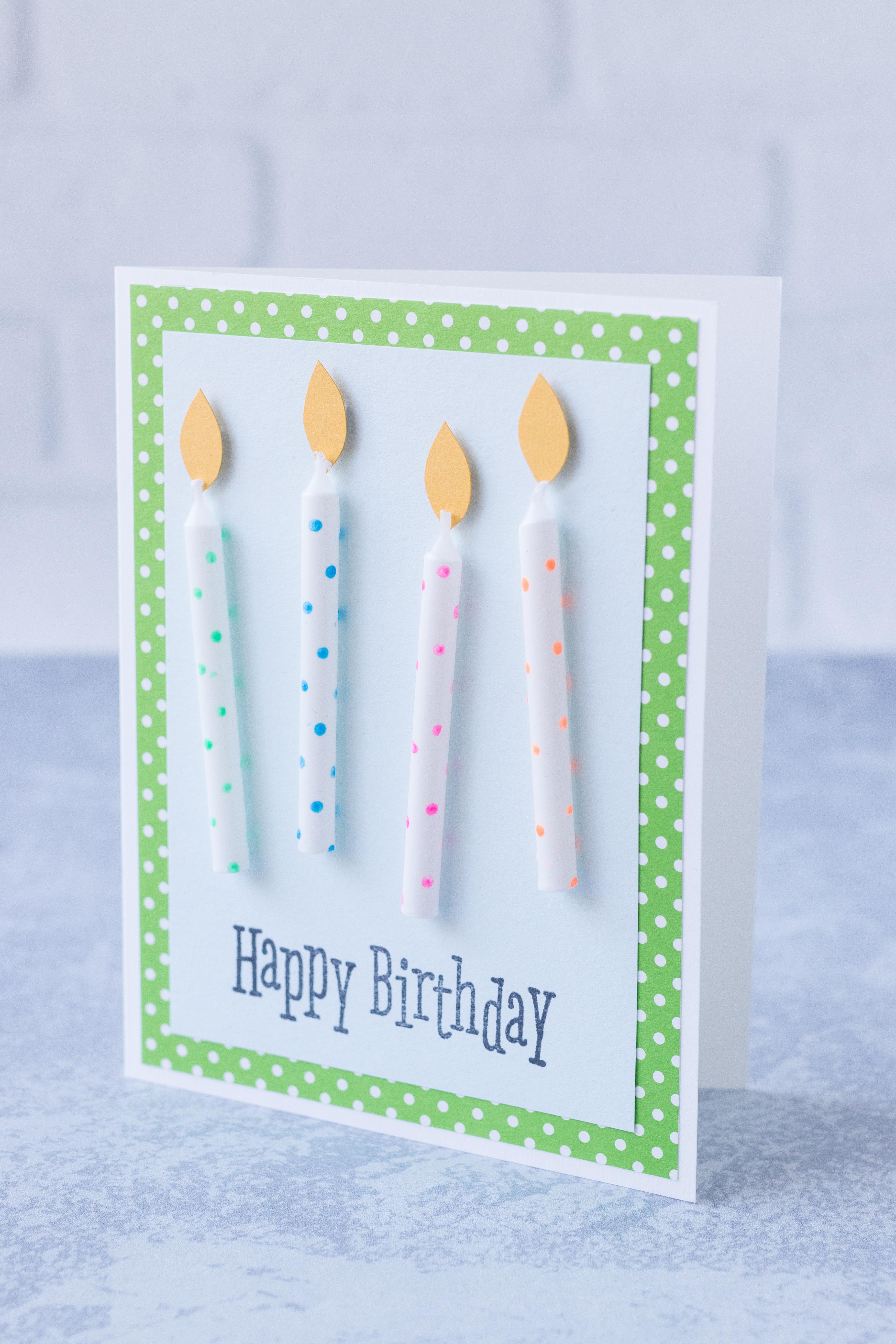 Polka dot birthday candles greeting card. The candles and foam mounted flames provide a neat 3D effect. #DIYbirthdaycard #homemadecard #birthdaycandles | https://www.roseclearfield.com