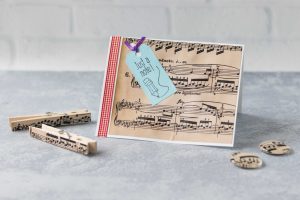 DIY craft projects with homemade antiqued paper: greeting card, clothespin magnets, and glass magnets. #DIY #sheetmusic #antique | https://www.roseclearfield.com