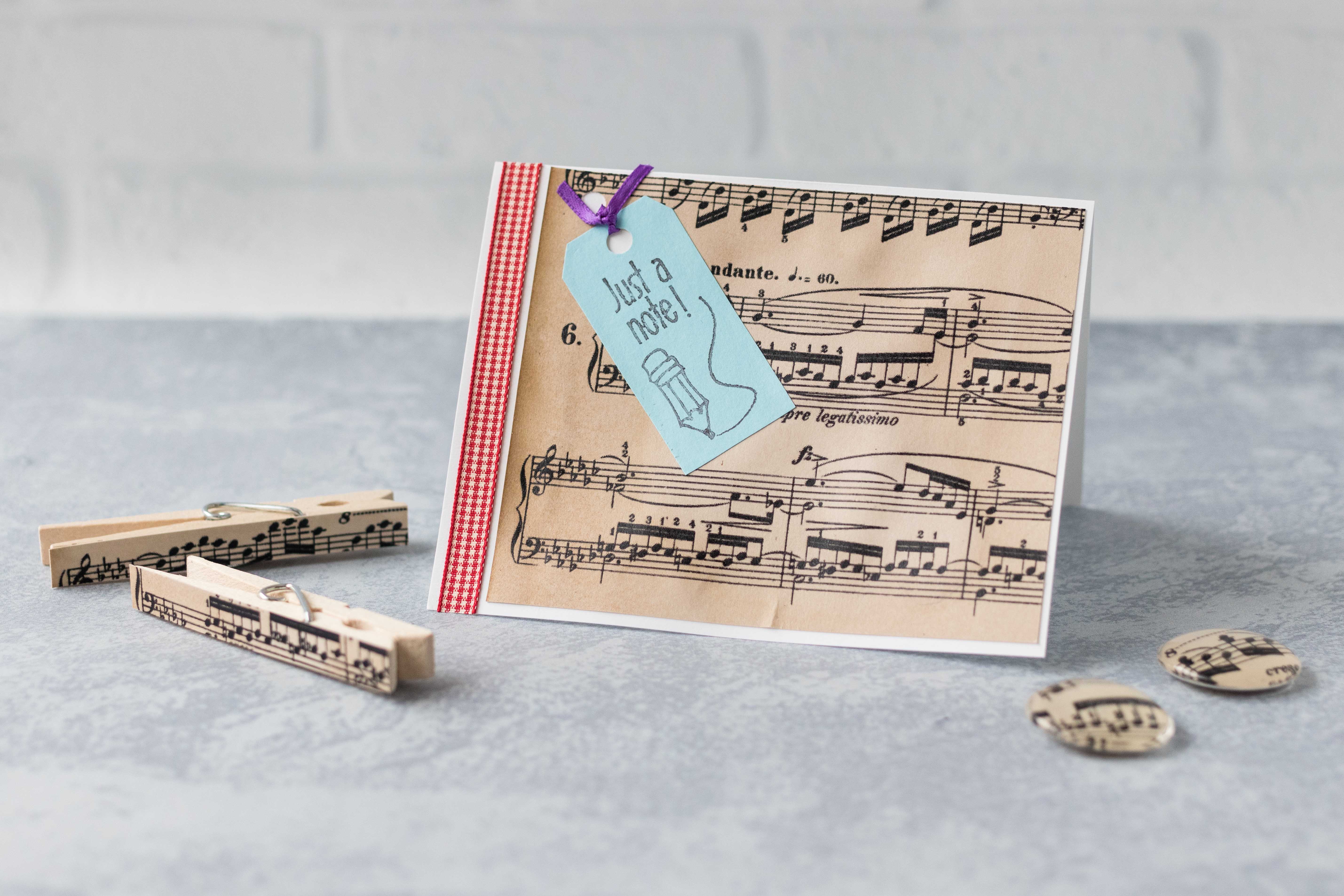 DIY craft projects with homemade antiqued paper: greeting card, clothespin magnets, and glass magnets. #DIY #sheetmusic #antique | https://www.roseclearfield.com