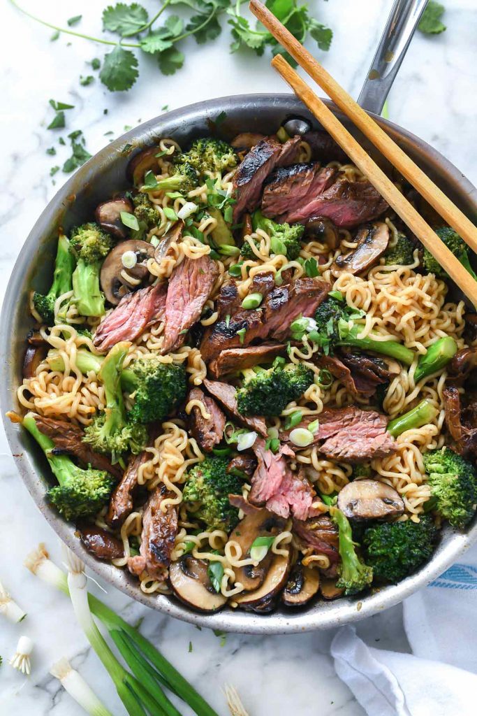 30 Healthy Ramen Noodle Recipes - Ramen Noodles With Marinated Steak and Broccoli via Foodiecrush | https://www.roseclearfield.com