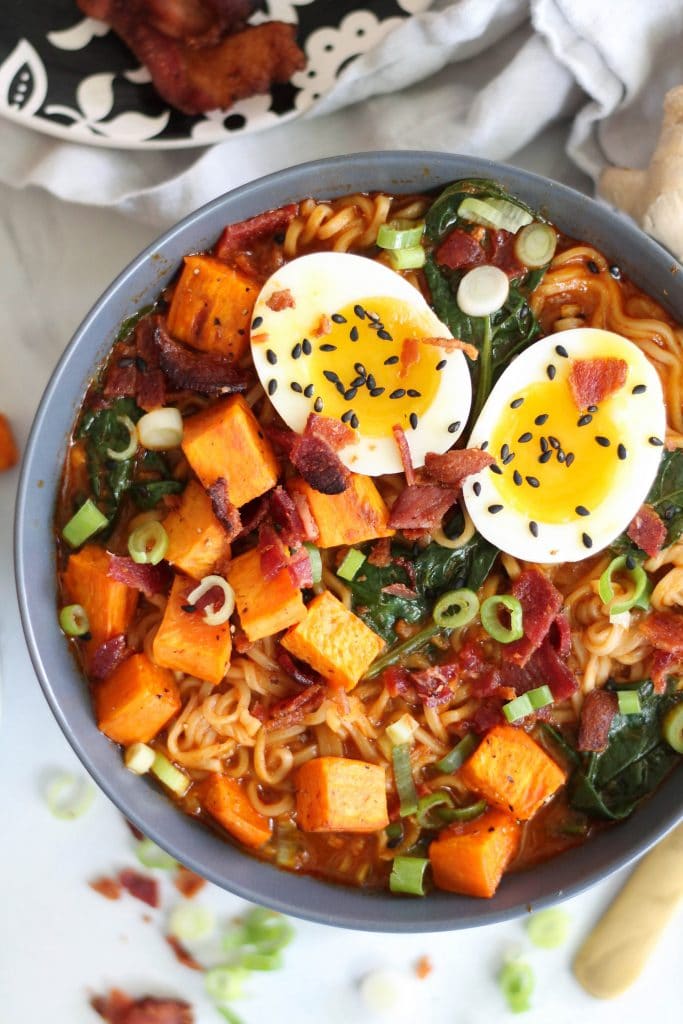 30 Healthy Ramen Noodle Recipes - Roasted Sweet Potato Bacon Red Curry Ramen via Spices in My DNA | https://www.roseclearfield.com