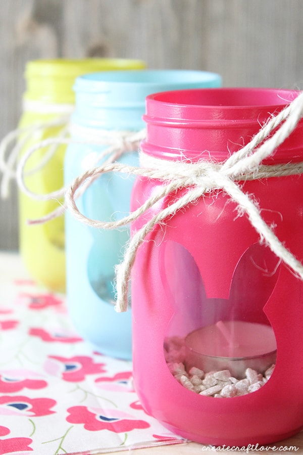 Bunny luminary jars are a simple, fun Easter decoration project. via Create Craft Love #Easter #masonjars #luminaries | https://www.roseclearfield.com