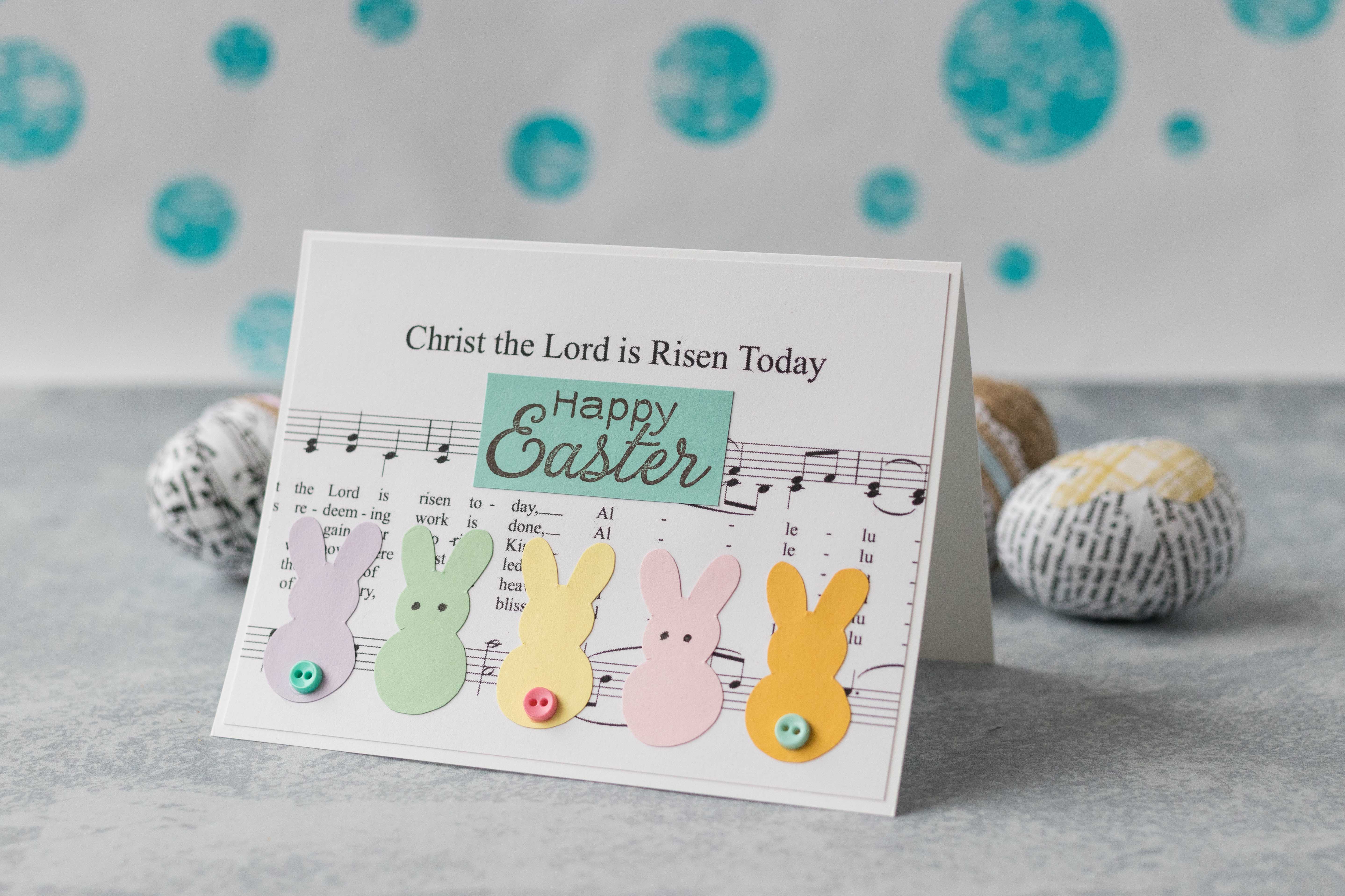 DIY Easter sheet music with pastel bunnies greeting card, size A2 | https://www.roseclearfield.com