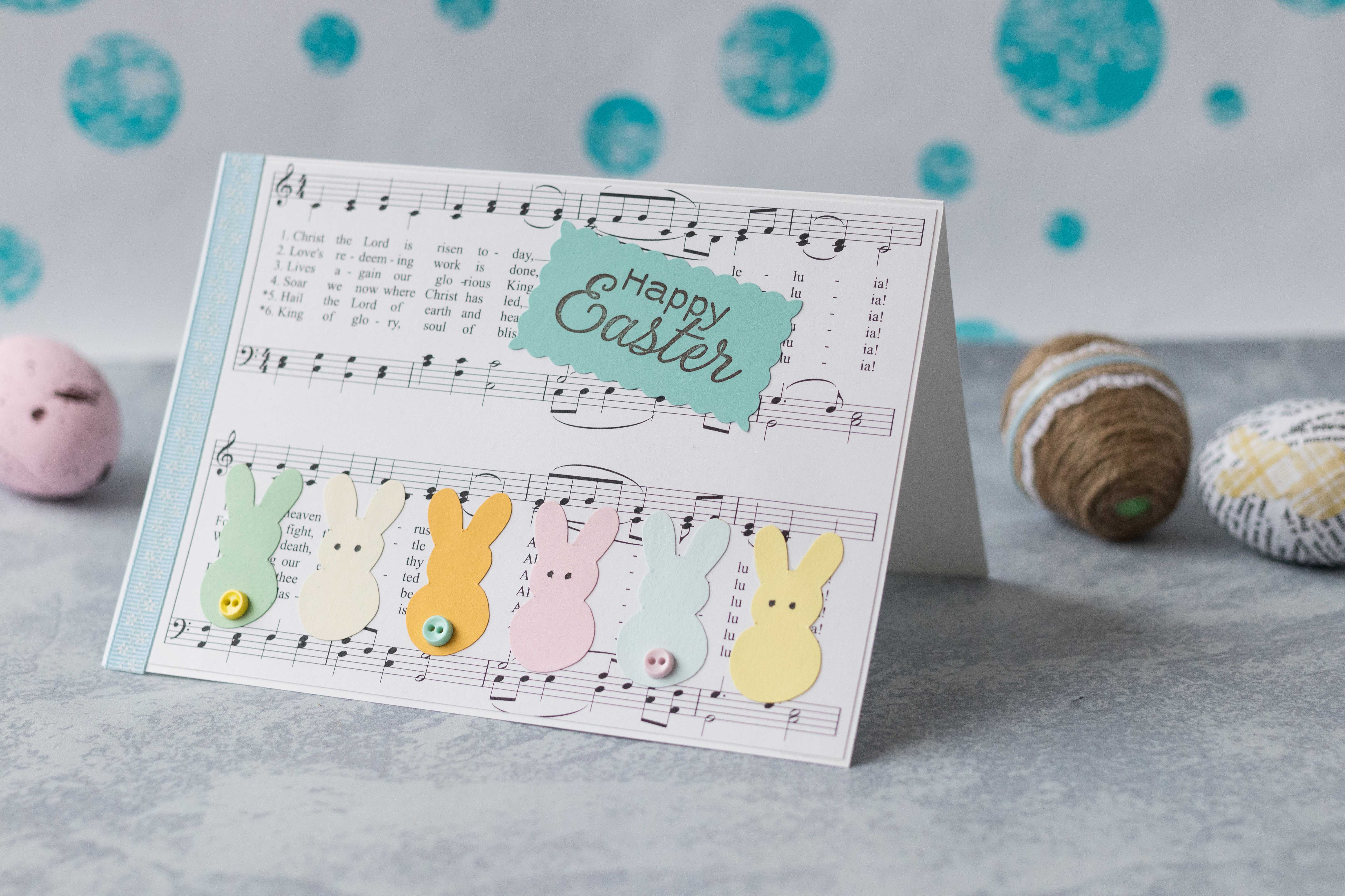 DIY Easter sheet music with pastel bunnies greeting card, size A7 | https://www.roseclearfield.com