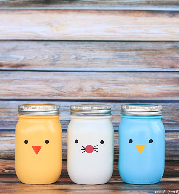 Easter chicks and bunny mason jars with vinyl face details. So simple and cute! via Number 2 Pencil | https://www.roseclearfield.com