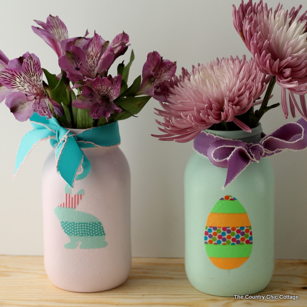 Washi tape decorated mason jars are a quick, fun Easter decor project! via The Country Chic Cottage | https://www.roseclearfield.com