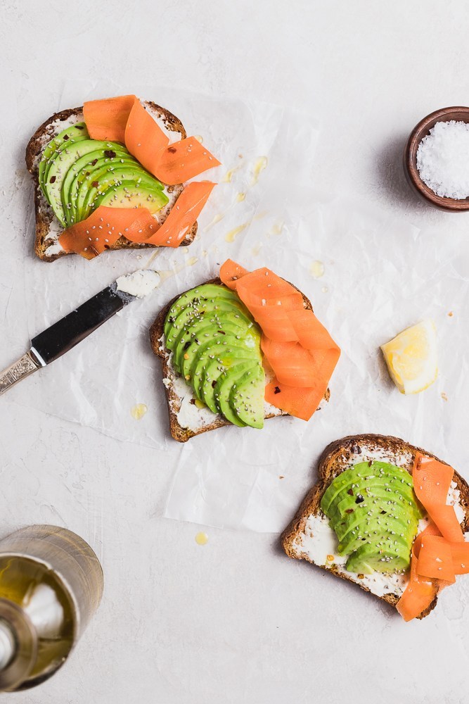 Avocado toast with goat cheese spread and carrot. Perfect flavors for spring! via Danilicious Dishes #avocadotoast #healthyeating #breakfastideas | https://www.roseclearfield.com