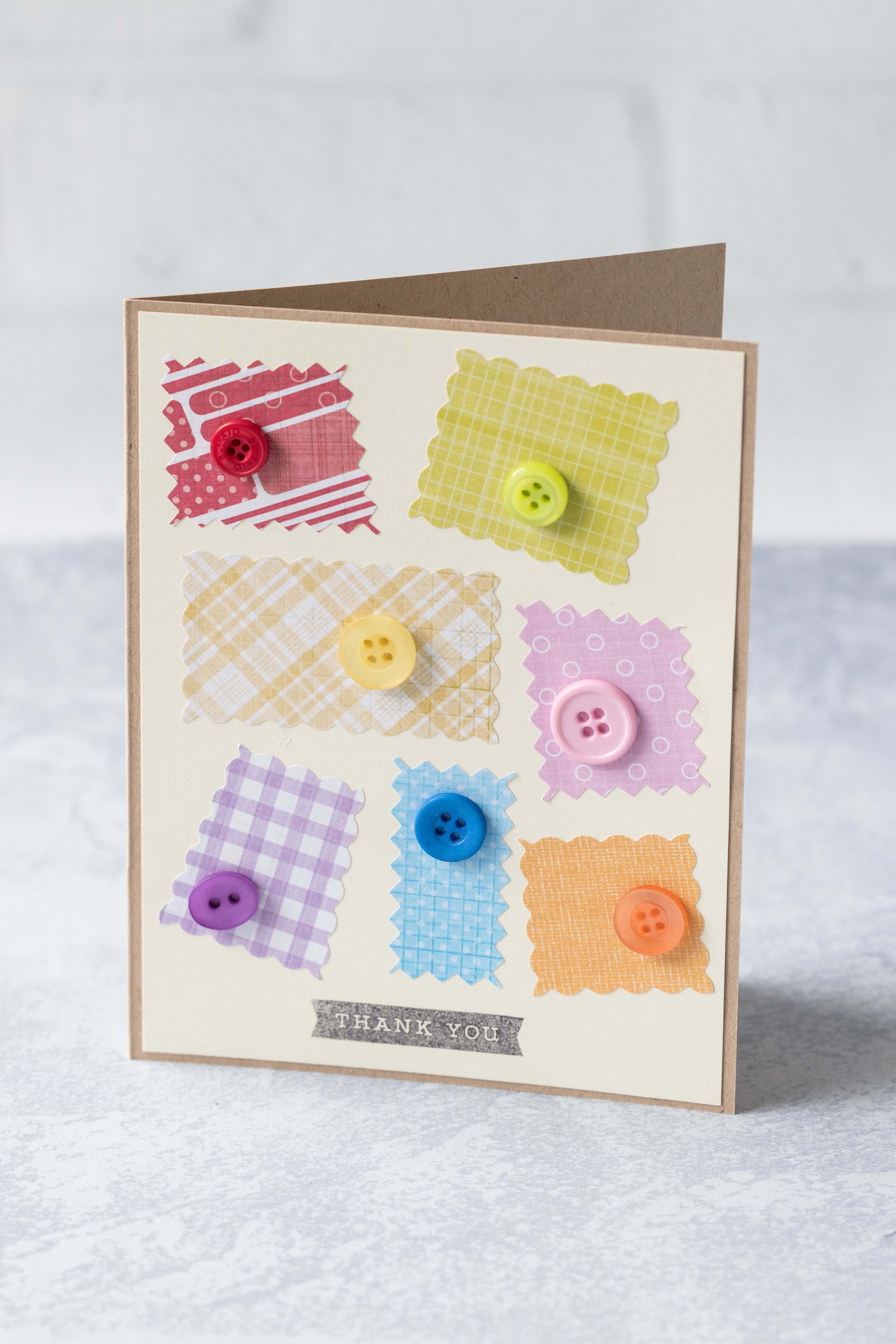 Scrappy rainbow thank you card with button detail. Perfect way to use up paper scraps! #thankyoucard #buttons #paperscraps #rainbow | https://www.roseclearfield.com