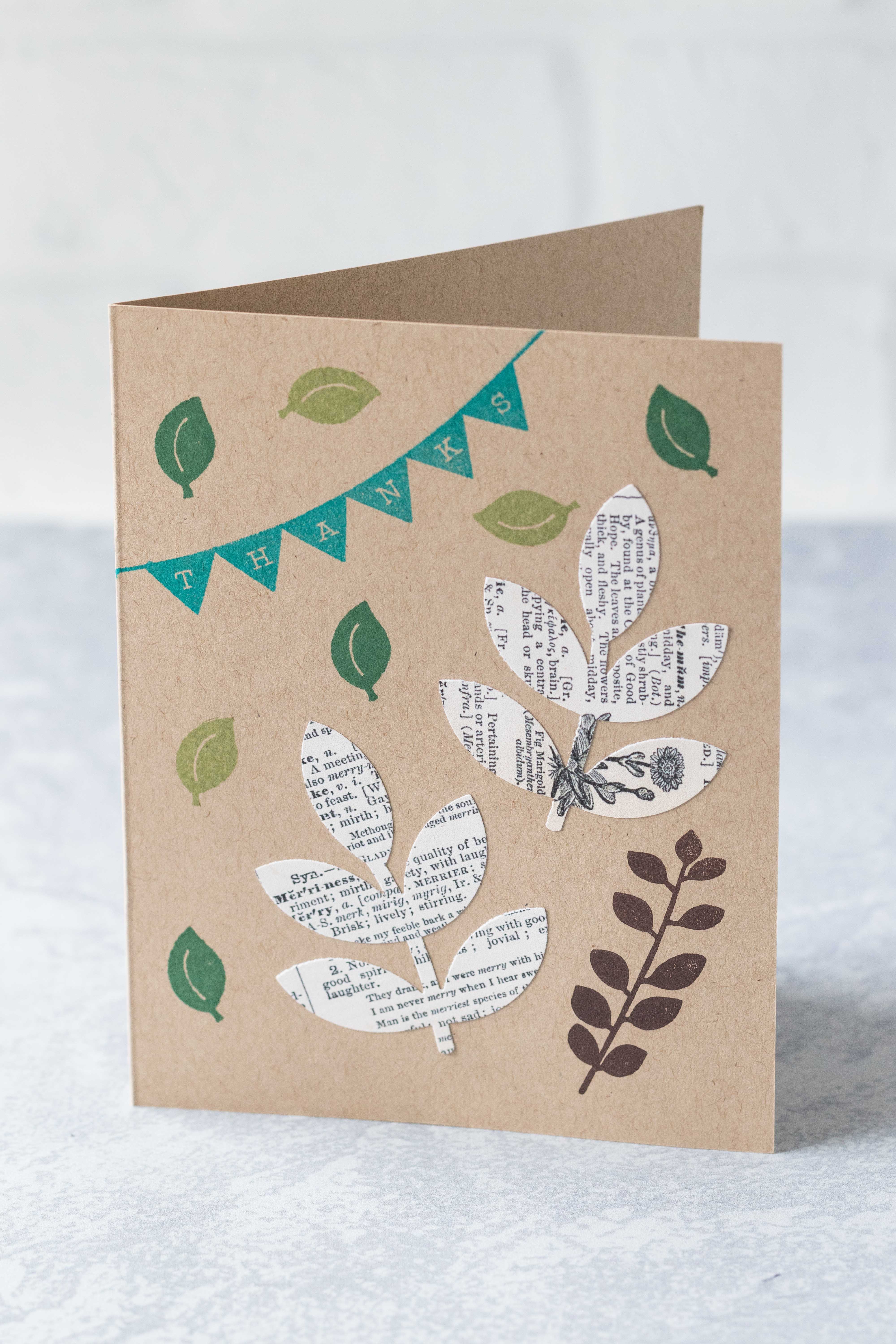 Leafy thank you card with punched vintage dictionary leaves and stamped leaves. #thankyoucard #greetingcard #stamps | https://www.roseclearfield.com