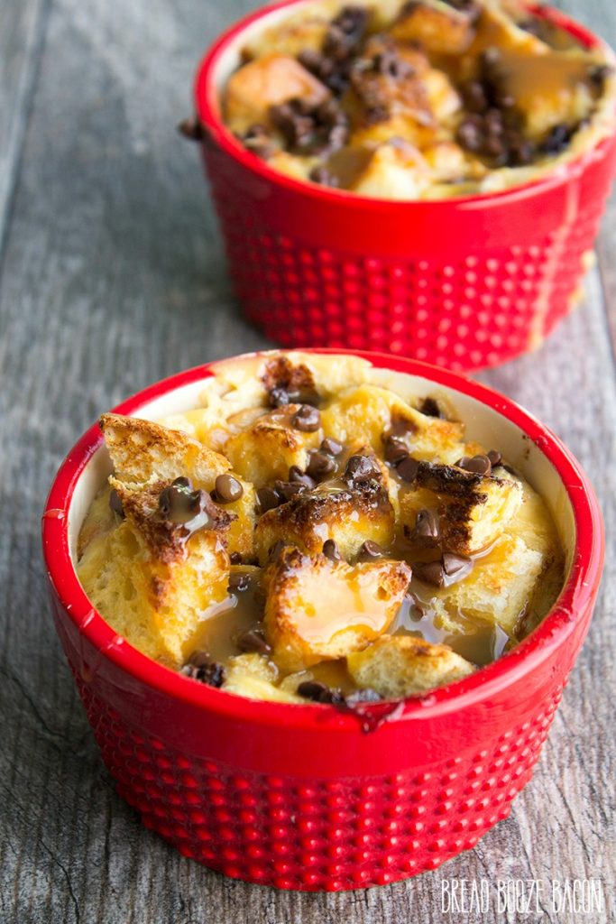 Caramel chocolate chip bread pudding for two via Bread Booze Bacon. Amazing twist on traditional bread pudding! #breadpudding #caramel #dessertfortwo | https://www.roseclearfield.com