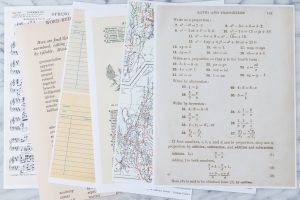 Assorted printed vintage papers to make DIY scrapbook embellishments. #DIY #vintage #scrapbookembellishments | https://www.roseclearfield.com