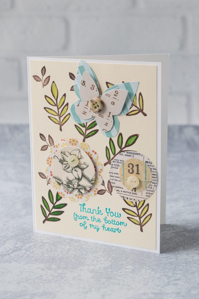 Homemade thank you card with stamped leaves and DIY scrapbook embellishments. #thankyoucard #homemadecard #DIYscrapbookembellishments | https://www.roseclearfield.com