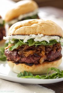 Bacon burgers with caramelized onions and goat cheese. The onions and goat cheese put the flavor in this burger over the top! via Recipe Runner #caramelizedonions #goatcheese #baconburgers | https://www.roseclearfield.com