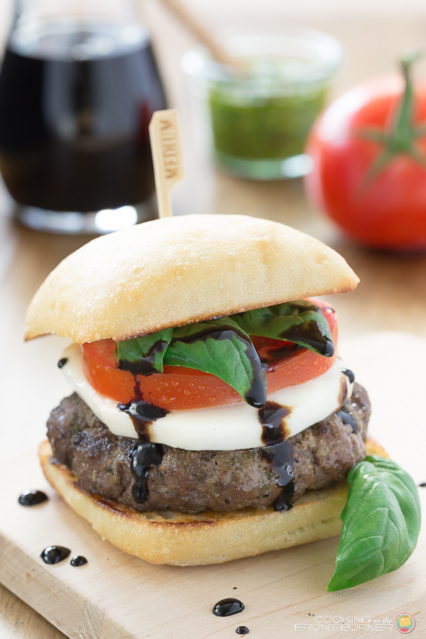 Caprese burger with balsamic glaze via Cooking on the Front Burners. Love the flavors of Caprese salad on a burger! #caprese #balsamic #burger | https://www.roseclearfield.com