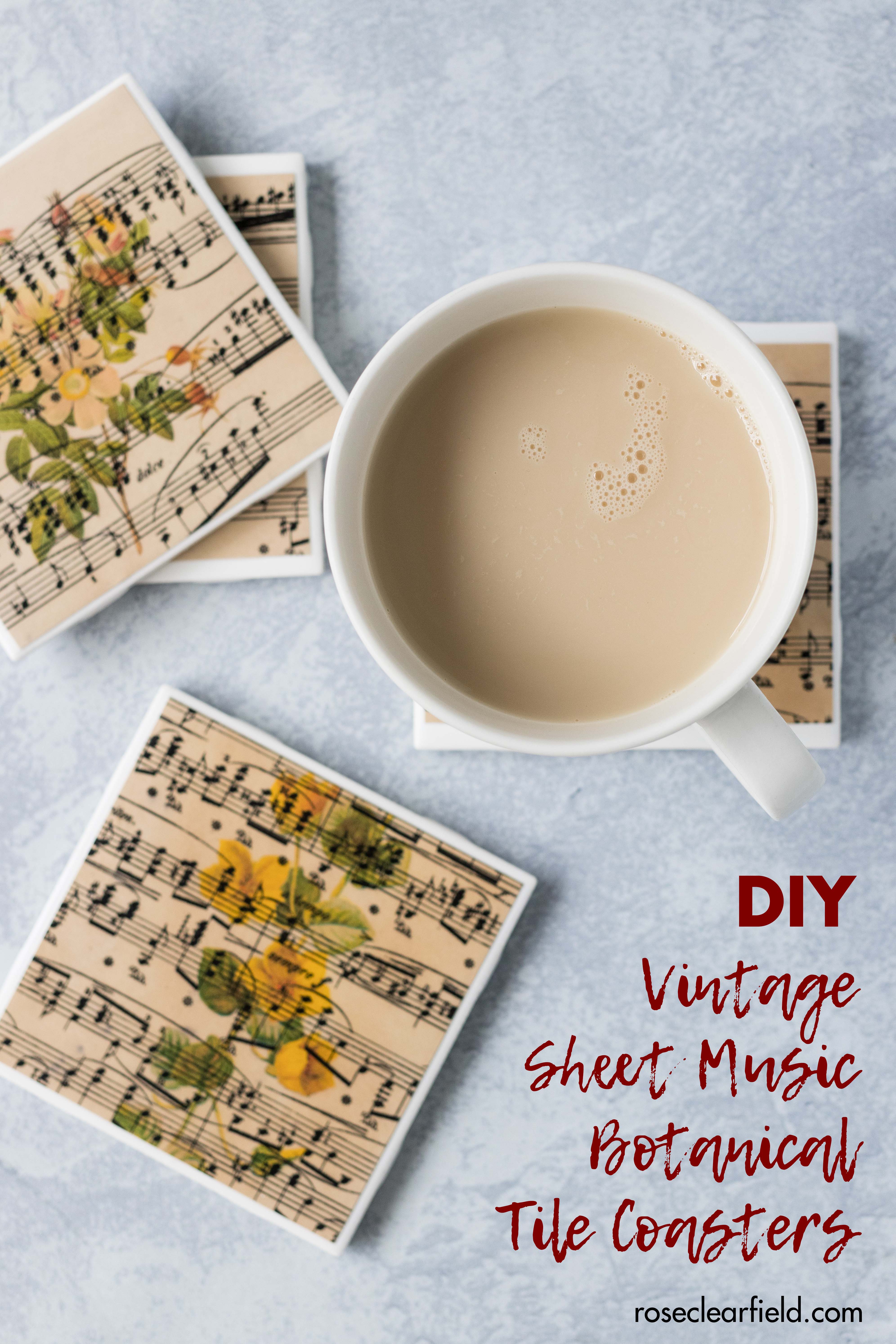 DIY vintage sheet music botanical tile coasters. Fun home decor project! #DIY #tilecoasters #sheetmusic #vintagebotanicals | https://www.roseclearfield.com