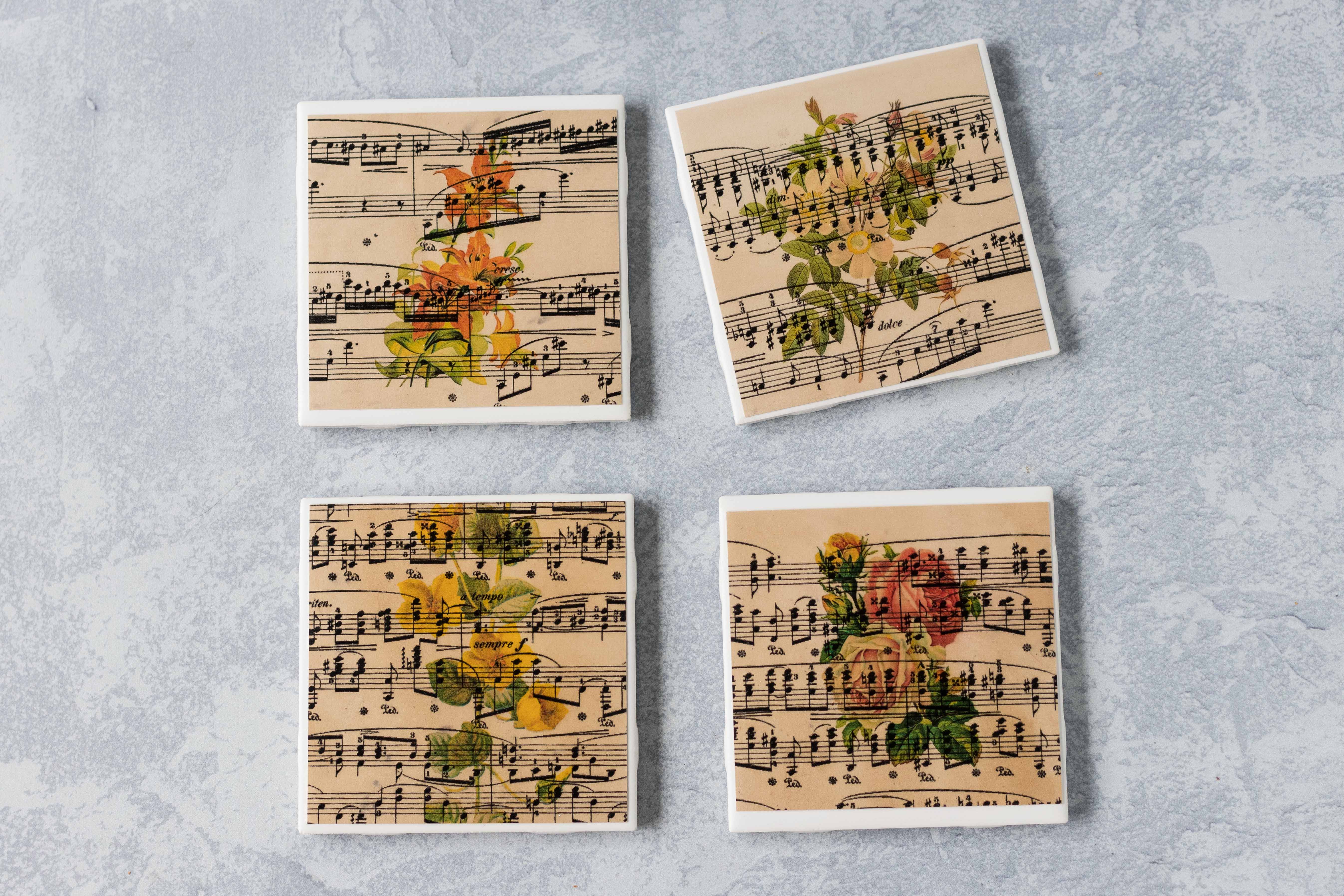 DIY vintage sheet music botanical tile coasters. Antique sheet music paired with vintage botanicals. Beautiful! #DIYhomedecor #tilecoasters #vintagesheetmusic | https://www.roseclearfield.com