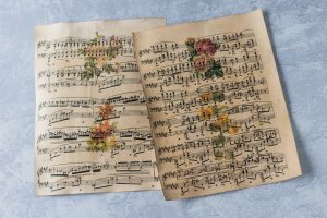 Vintage sheet music with botanicals for DIY tile coasters. #sheetmusiccraft #vintagesheetmusic #botanicals | https://www.roseclearfield.com