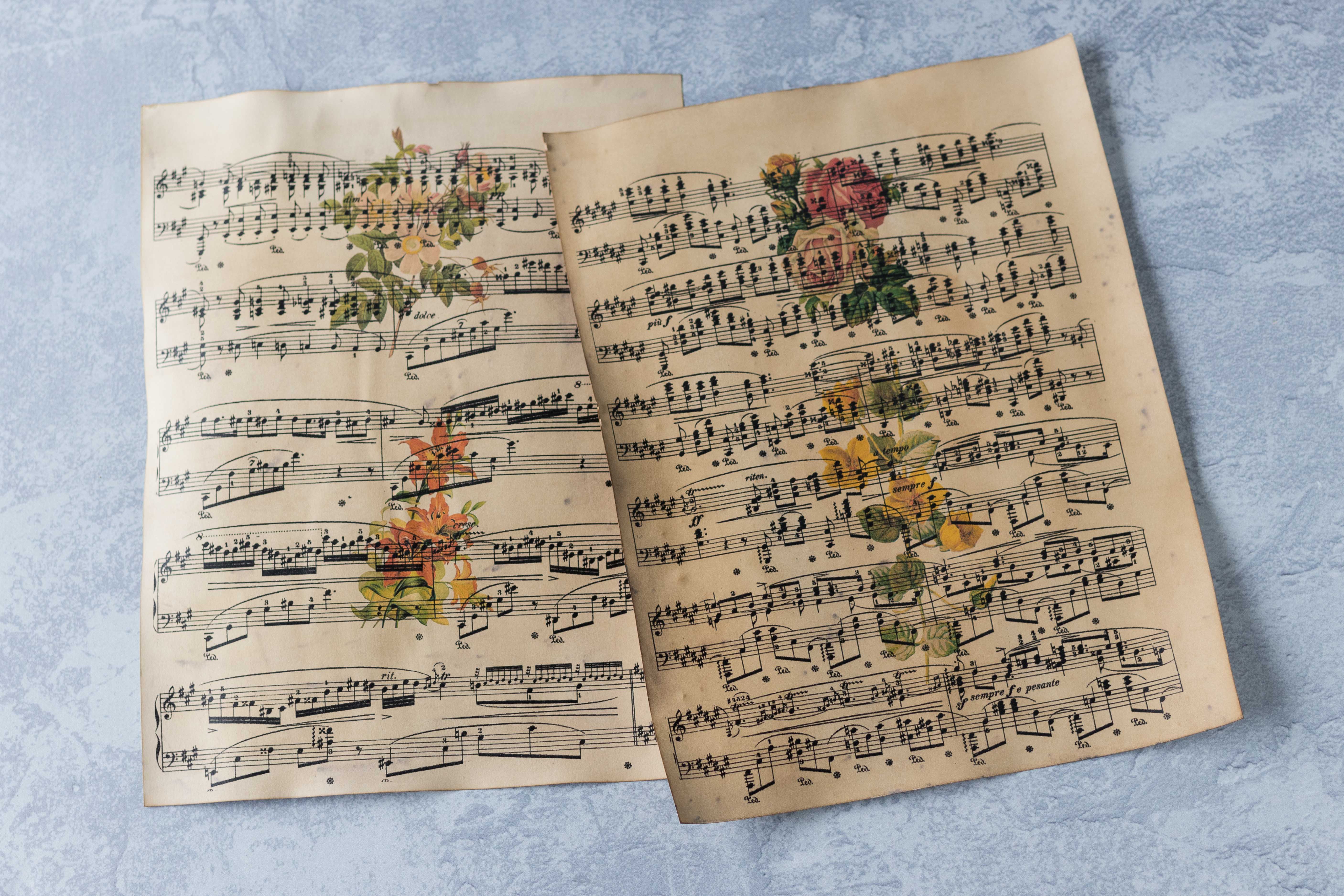 Vintage sheet music with botanicals for DIY tile coasters. #sheetmusiccraft #vintagesheetmusic #botanicals | https://www.roseclearfield.com