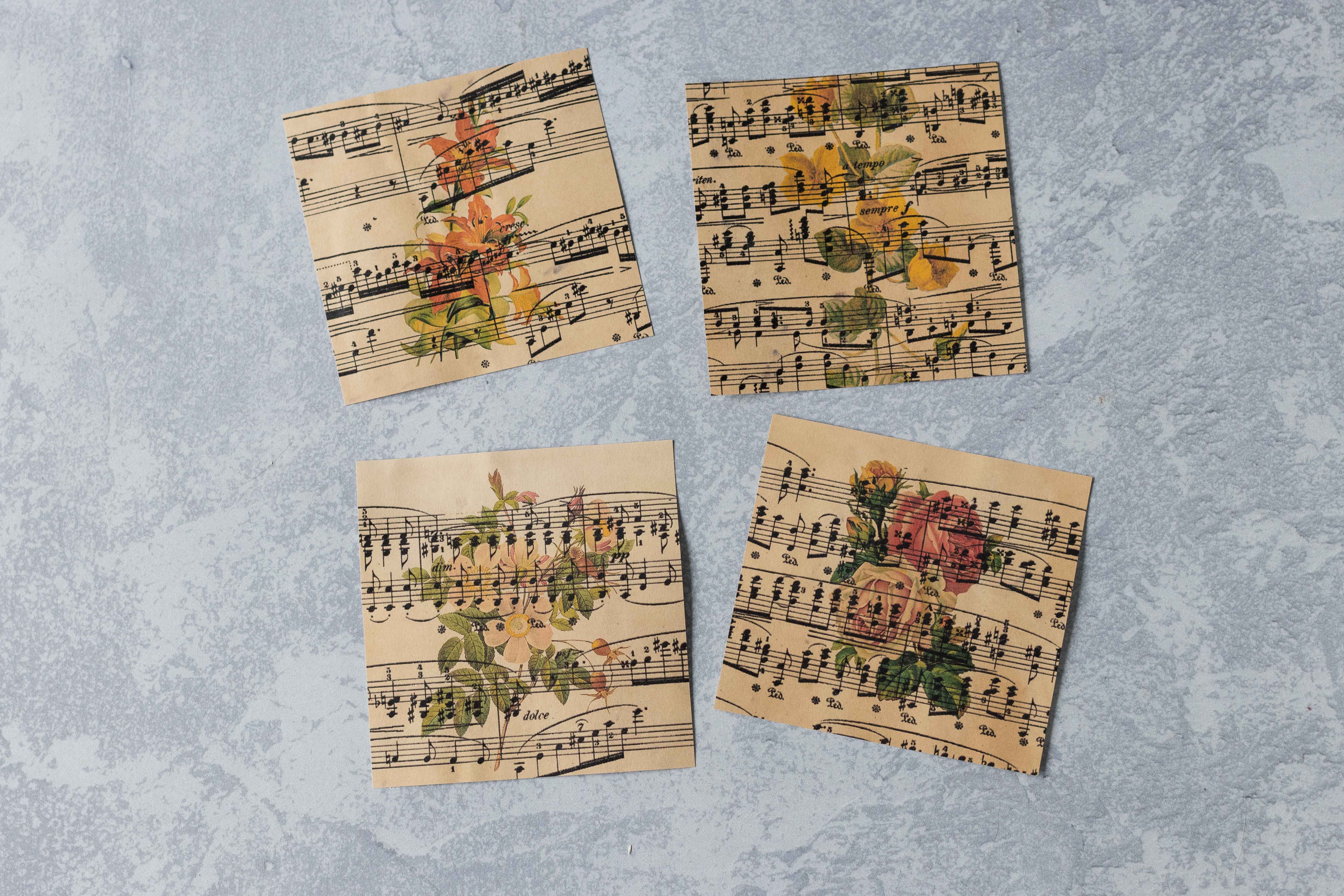 Vintage sheet music with botanicals, ready for DIY tile coasters. #sheetmusiccraft #vintagesheetmusic #handmadecoasters | https://www.roseclearfield.com