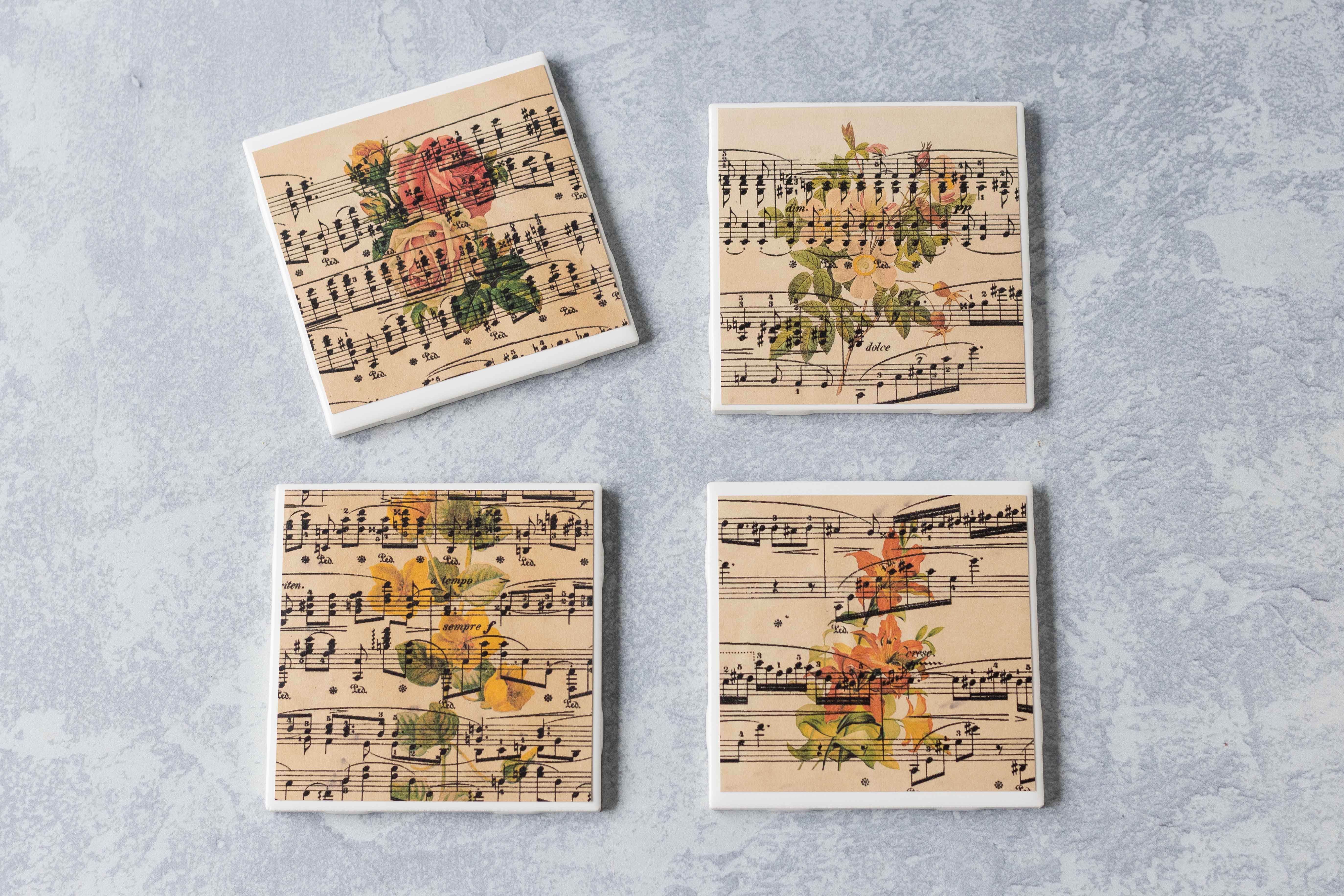 DIY vintage sheet music botanical tile coasters in progress. #DIY #sheetmusiccraft #tilecoasters | https://www.roseclearfield.com