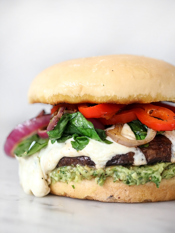 Grilled portobello mushroom burger with avocado chimichurri. A must-have summer recipe! via Foodiecrush #portobelloburger #vegetarian #grillingrecipes | https://www.roseclearfield.com