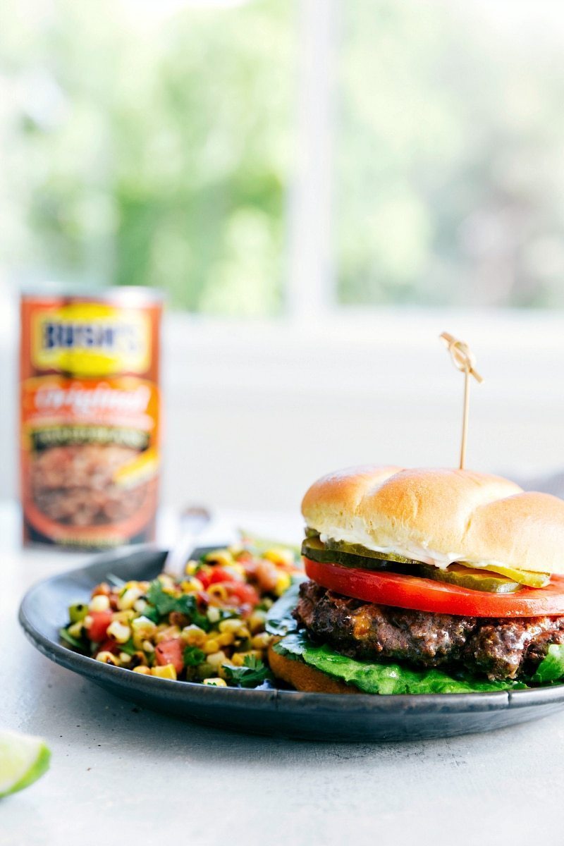 Inside-out cheeseburgers, served with grilled corn salsa. Perfect summer meal! via Chelsea's Messy Apron #insideoutburgers #cheeseburgers #cornsalsa | https://www.roseclearfield.com