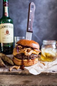 Jameson whiskey blue cheese burger with Guiness cheese sauce and crispy onions. Dead over this flavor combination! via Half Baked Harvest #burger #Jamesonwhiskey #bluecheese | https://www.roseclearfield.com