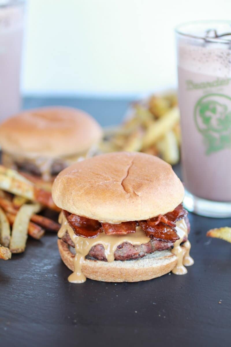 Peanut butter burgers with Silm Jim fries and chocolate malted milkshake via Half Baked Harvest. The ultimate comfort food! #peanutbutterburgers #slimjimfries #chocolatemalt | https://www.roseclearfield.com