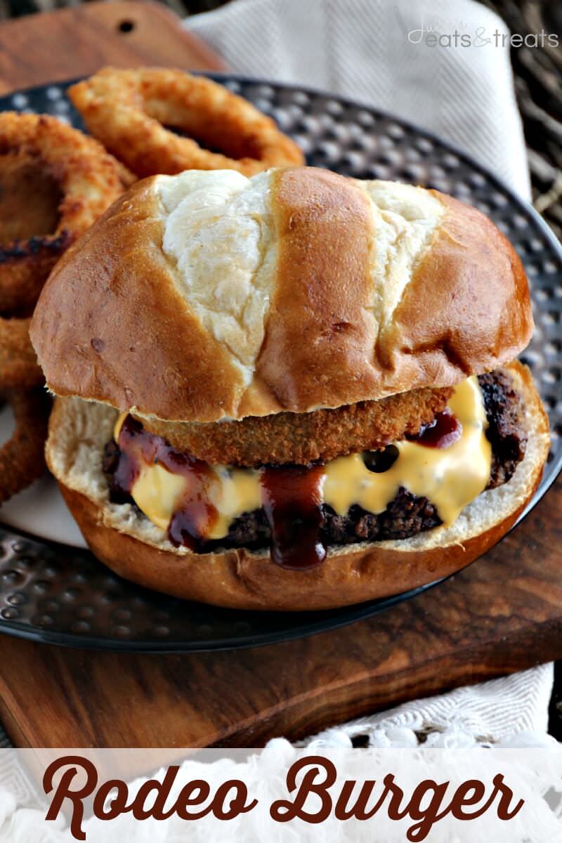 Rodeo burger topped with cheese, barbecue sauce, and an onion ring. An instant classic! via Julie's Eats and Treats #rodeoburger #cheeseburger #grilling | https://www.roseclearfield.com