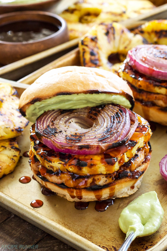 Teriyaki turkey burgers with grilled pineapple and onions. Love this flavor combination! via Recipe Runner #turkeyburgers #grilledpineapple #burgerrecipes | https://www.roseclearfield.com