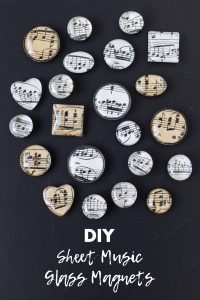 DIY sheet music glass magnets. Easy home decor project to give as gifts or party favors or sell on Etsy or at craft fairs! #DIY #sheetmusic #glassmagnets | https://www.roseclearfield.com