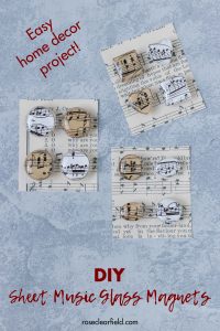 DIY upcycled sheet music magnets, made with glass cabochons. Easy home decor project! #DIY #sheetmusiccraft #glassmagnets | https://www.roseclearfield.com